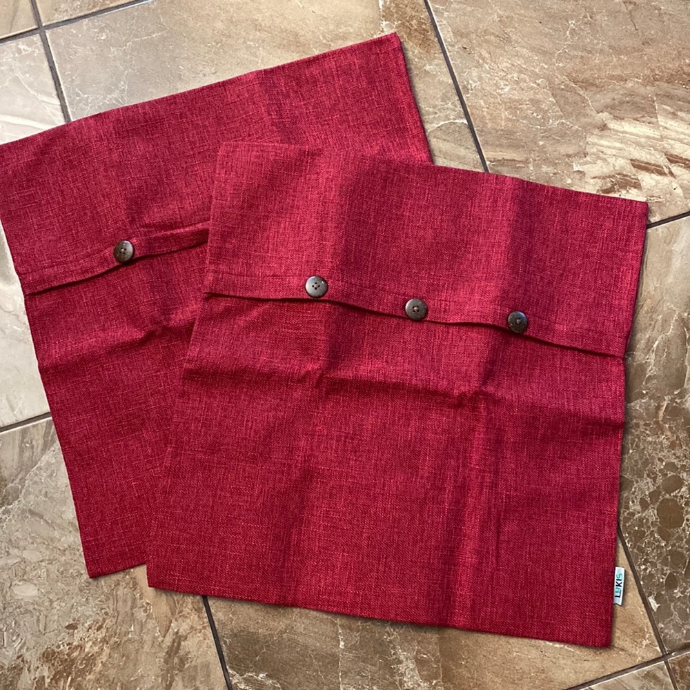 Canvas Burgundy Pillow Covers  w/ button accents 19x19” ~ set of 2